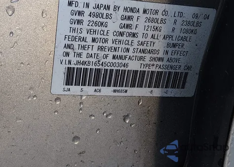 2005 Acura Rl 3.5 z USA, uszkodzony, nr VIN JH4KB16545C003046